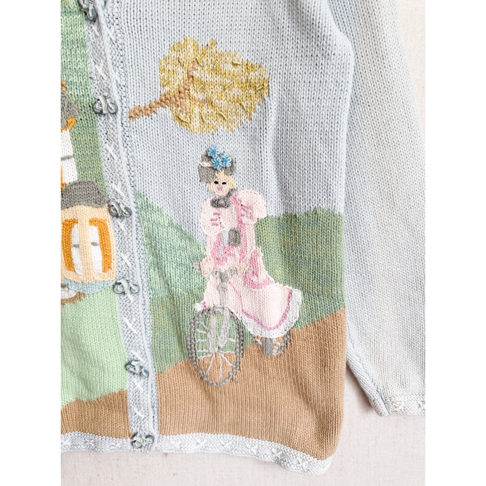 Storybook Knits Cardigan Victorian House Bicycle Novelty Small Blue Handknit S - Picture 2 of 10